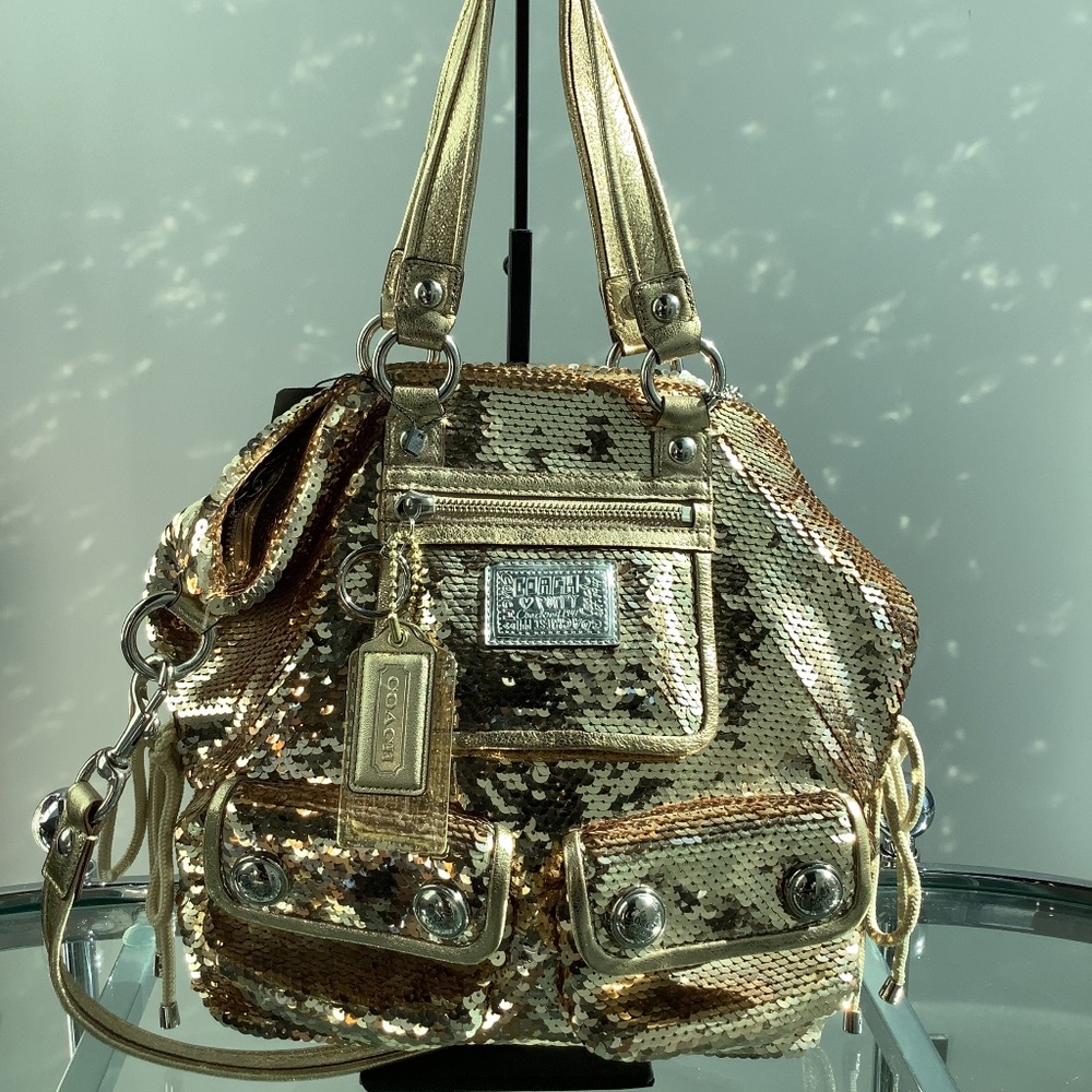 Coach Poppy Gold Sequin Shoulder Bag and Crossbody Strap